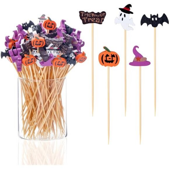 100 Pack Halloween Toothpicks for Appetizers, 4.7 Inch Natural Bamboo - Picture 1 of 7